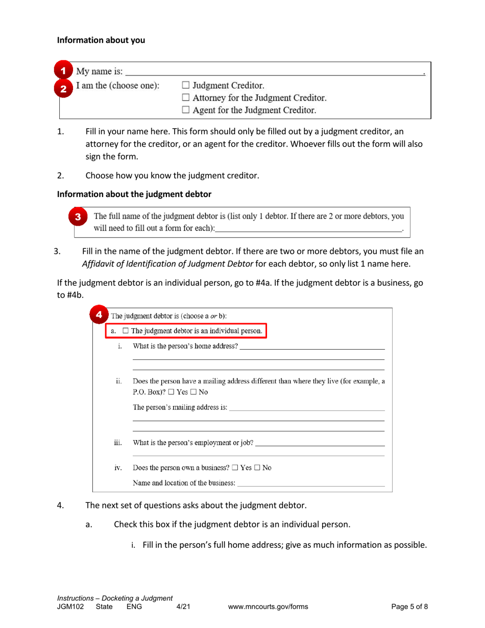 Form JGM102 Instructions - Docketing a Judgment From a Minnesota State Court - Minnesota, Page 5