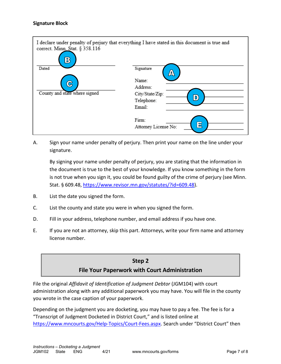 Form JGM102 Instructions - Docketing a Judgment From a Minnesota State Court - Minnesota, Page 7