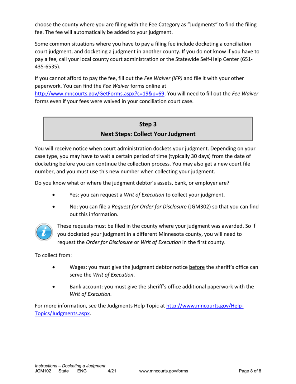 Form JGM102 Instructions - Docketing a Judgment From a Minnesota State Court - Minnesota, Page 8