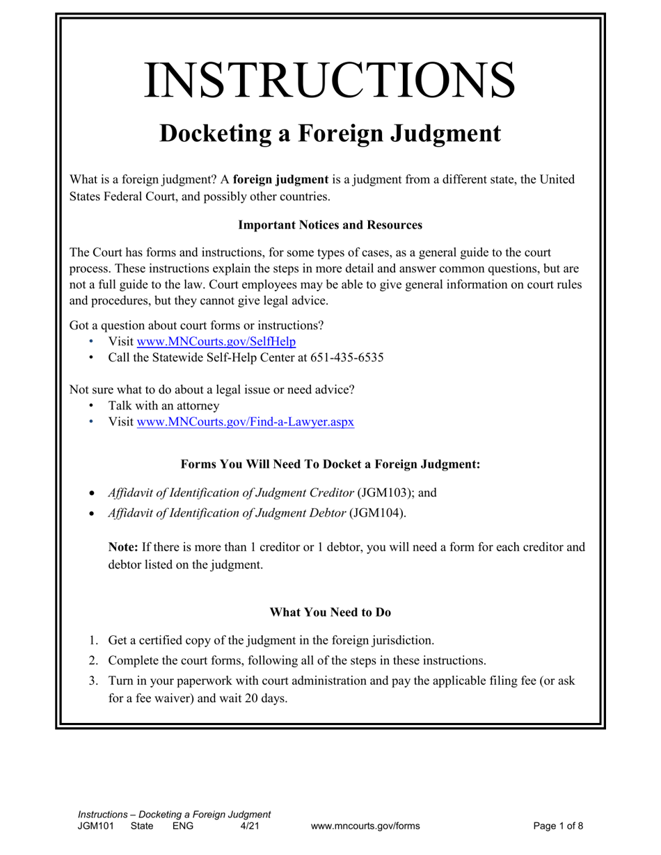 Form JGM101 Instructions - Docketing a Foreign Judgment - Minnesota, Page 1