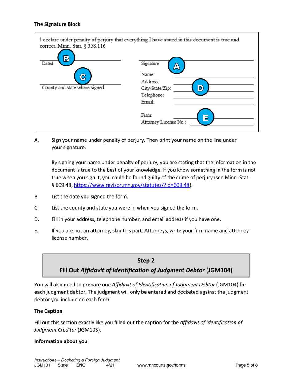 Form JGM101 Instructions - Docketing a Foreign Judgment - Minnesota, Page 5