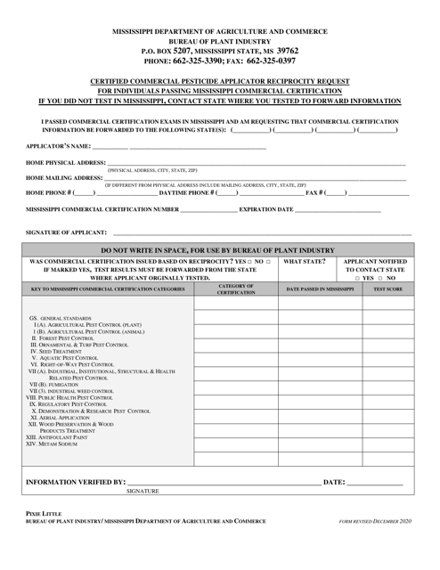 Certified Commercial Pesticide Applicator Reciprocity Request for Individuals Passing Mississippi Commercial Certification - Mississippi Download Pdf