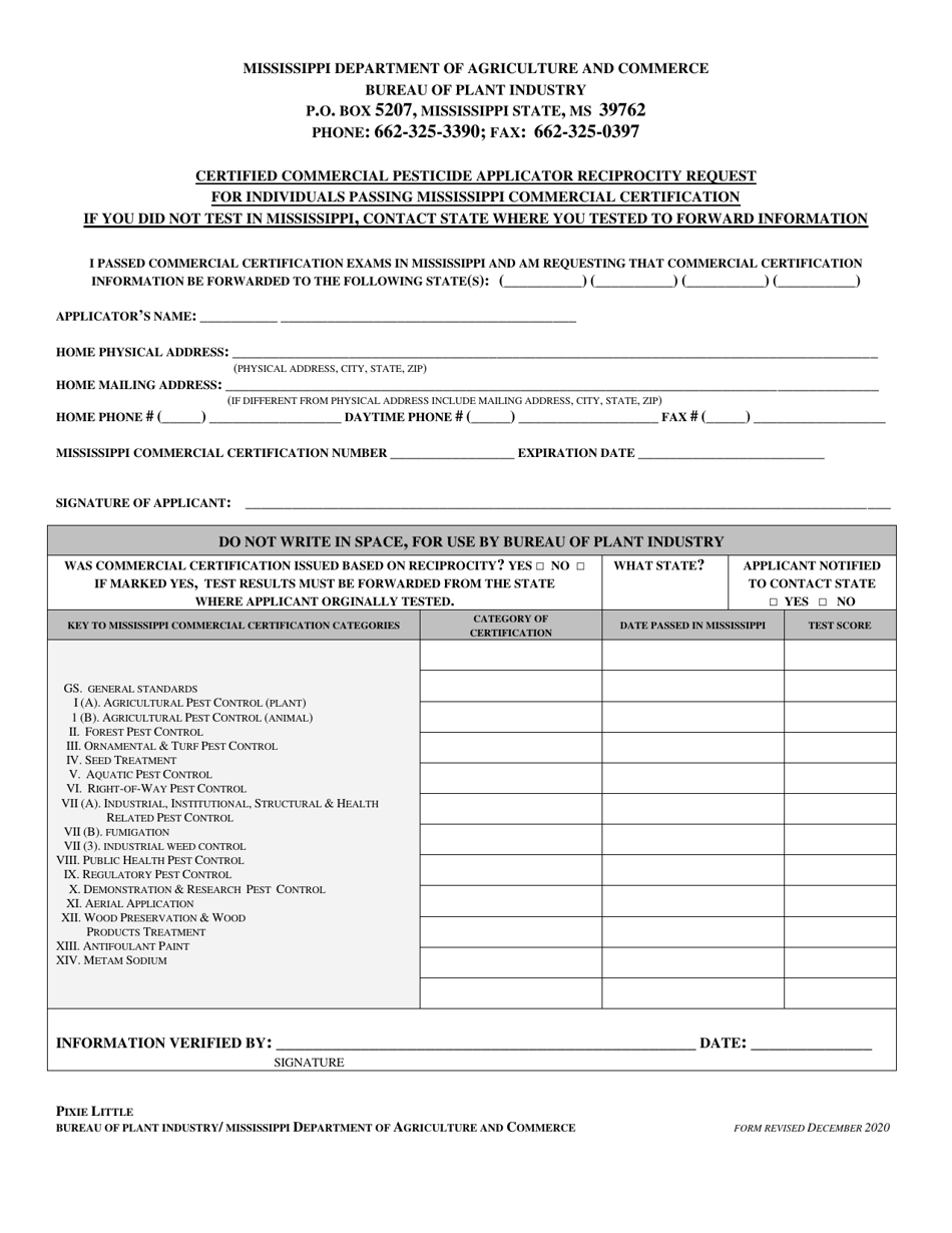 Certified Commercial Pesticide Applicator Reciprocity Request for Individuals Passing Mississippi Commercial Certification - Mississippi, Page 1