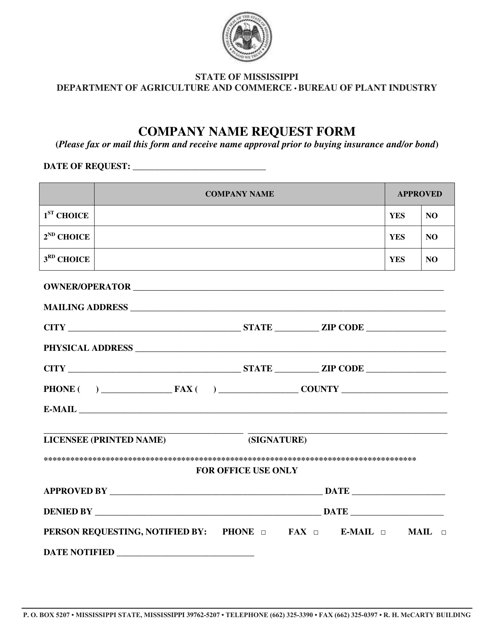 Company Name Request Form - Mississippi Download Pdf