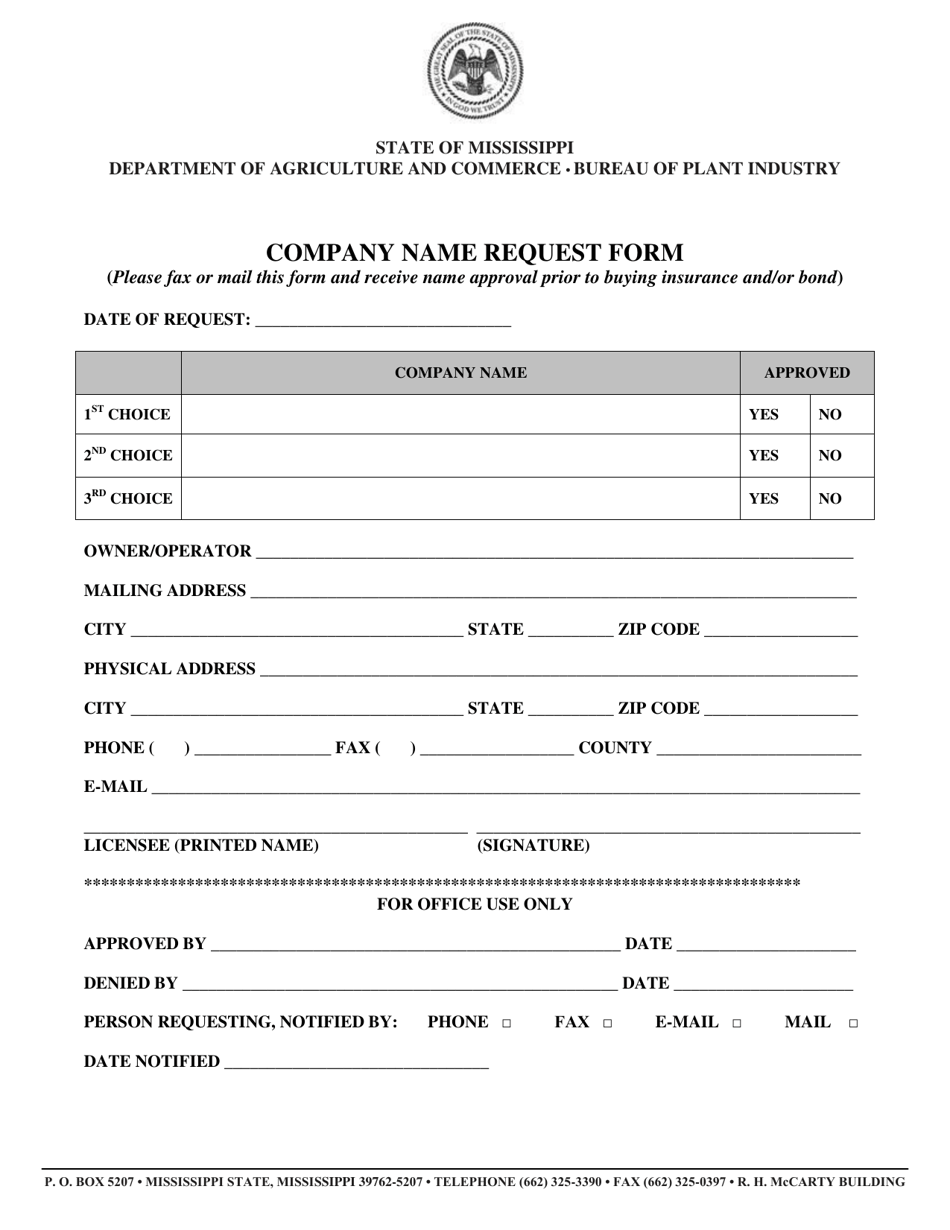 Company Name Request Form - Mississippi, Page 1