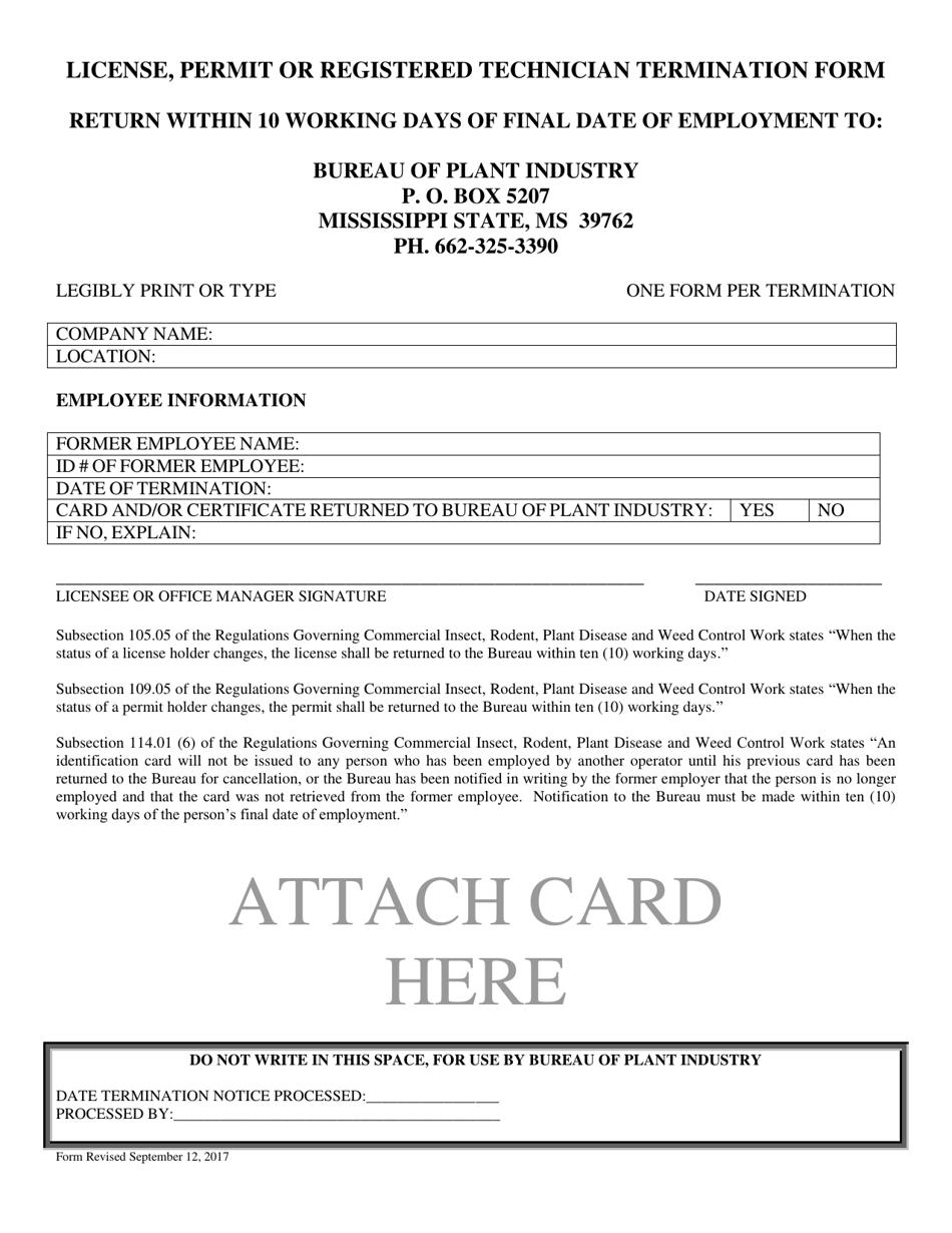 License, Permit or Registered Technician Termination Form - Mississippi, Page 1
