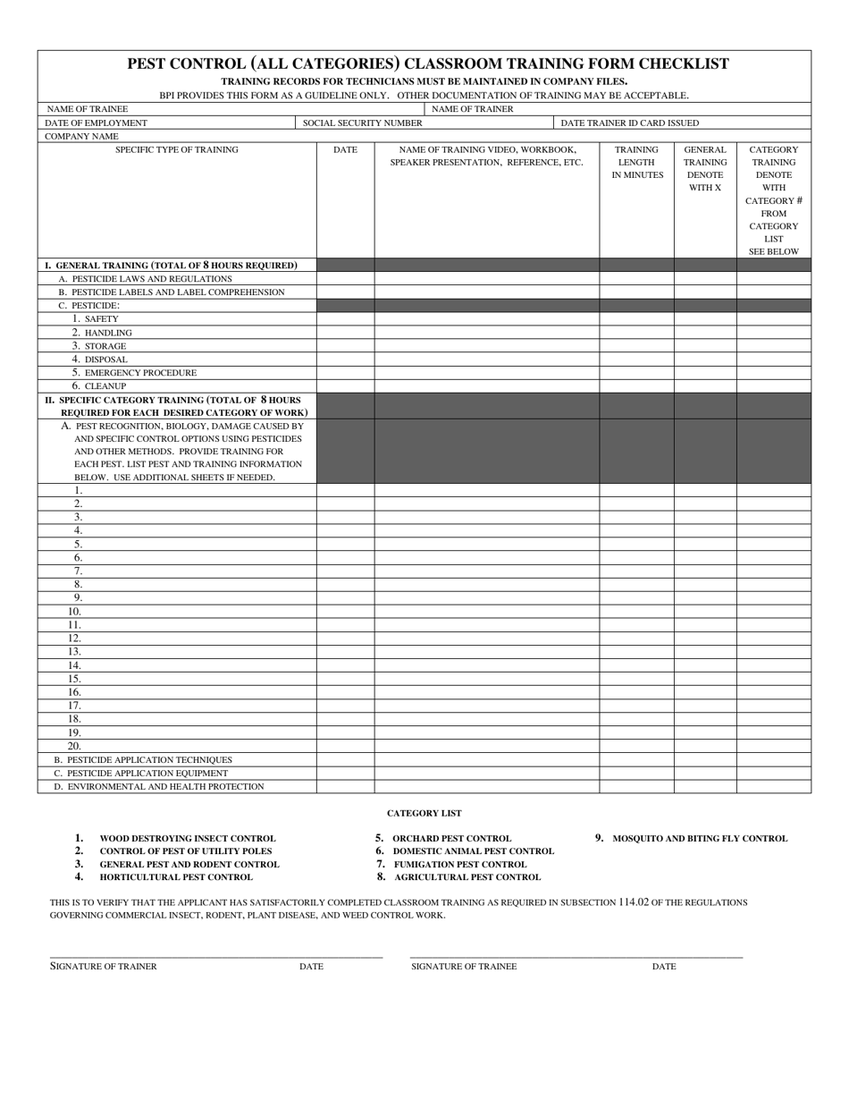 Pest Control (All Categories) Classroom Training Form Checklist - Mississippi, Page 1