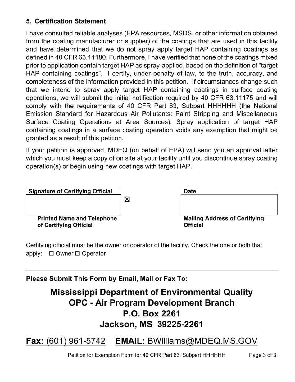 Mississippi Petition for Exemption Form for 40 Cfr Part 63, Subpart Hhhhhh Fill Out, Sign
