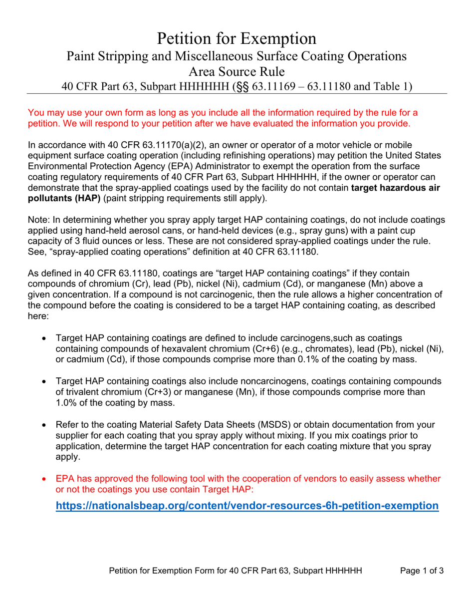 Mississippi Petition for Exemption Form for 40 Cfr Part 63, Subpart Hhhhhh Fill Out, Sign