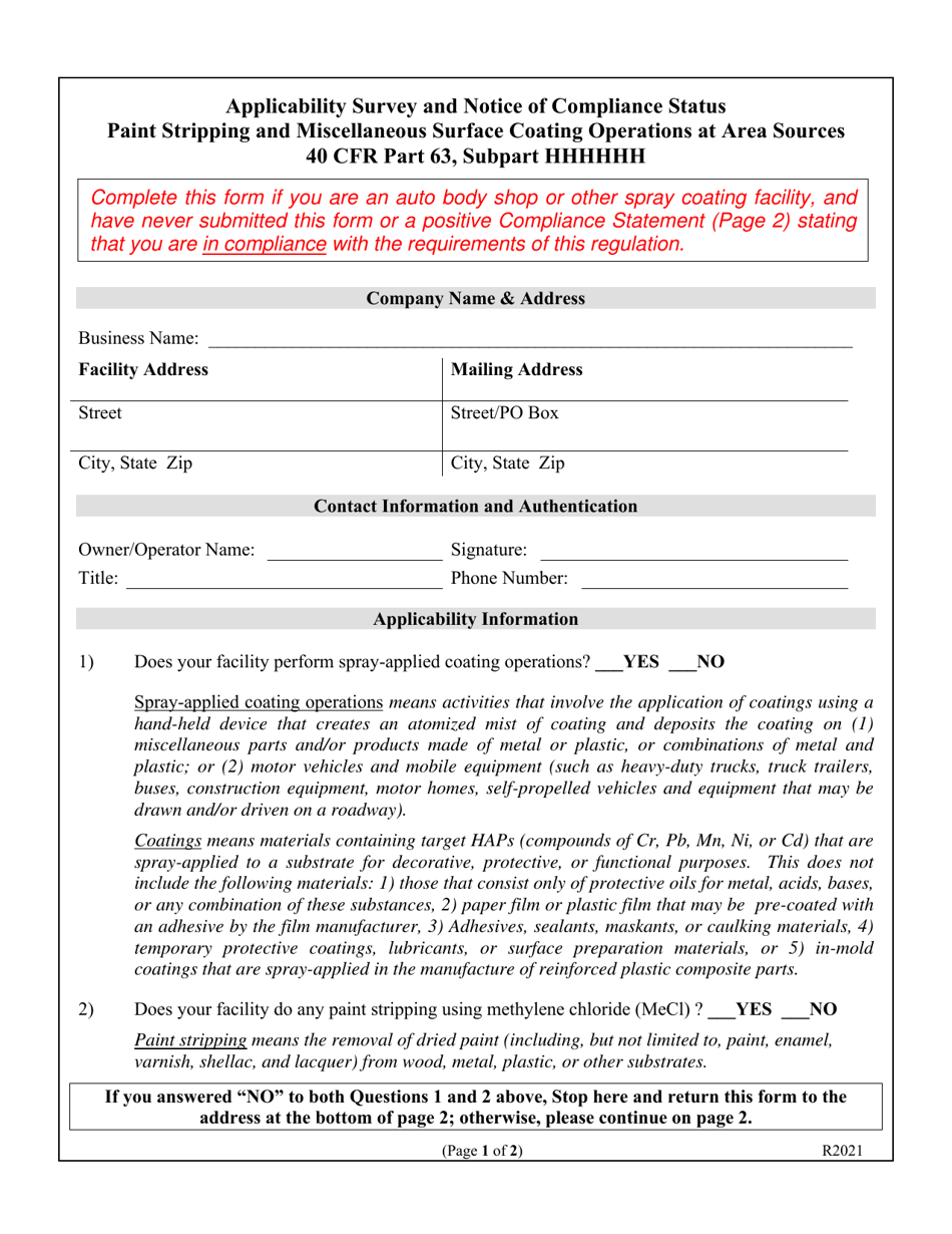 Applicability Survey and Notice of Compliance Status - Paint Stripping and Miscellaneous Surface Coating Operations at Area Sources - 40 Cfr 63, Subpart Hhhhhh - Mississippi, Page 1