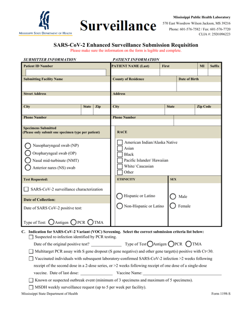 Form 1198-S Sars-Cov-2 Enhanced Surveillance Submission Requisition - Mississippi