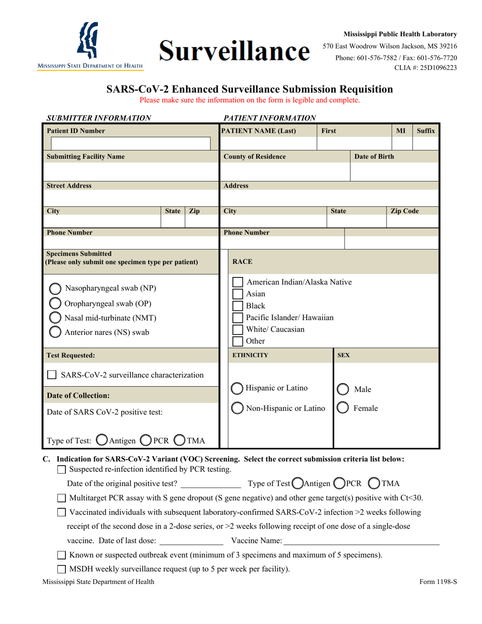 Form 1198-S Sars-Cov-2 Enhanced Surveillance Submission Requisition - Mississippi, Page 1