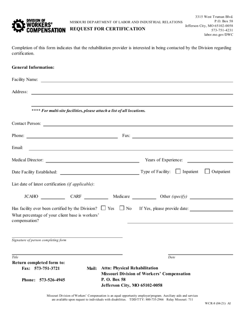 Form WCR-8 Request for Certification of Rehabilitation Providers - Missouri