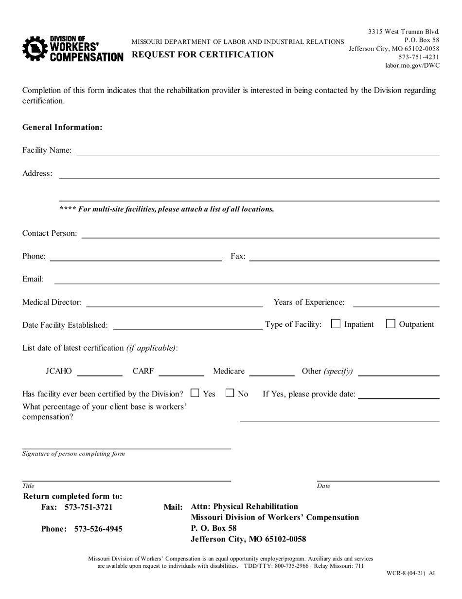 Form WCR-8 Request for Certification of Rehabilitation Providers - Missouri, Page 1