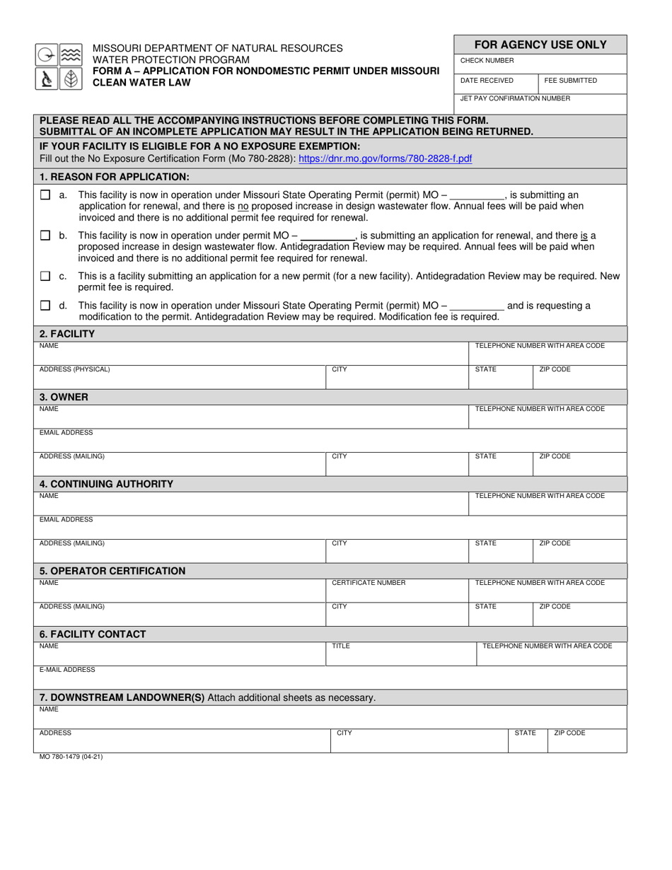 Form A (MO780-1479) Application for Nondomestic Permit Under Missouri Clean Water Law - Missouri, Page 1