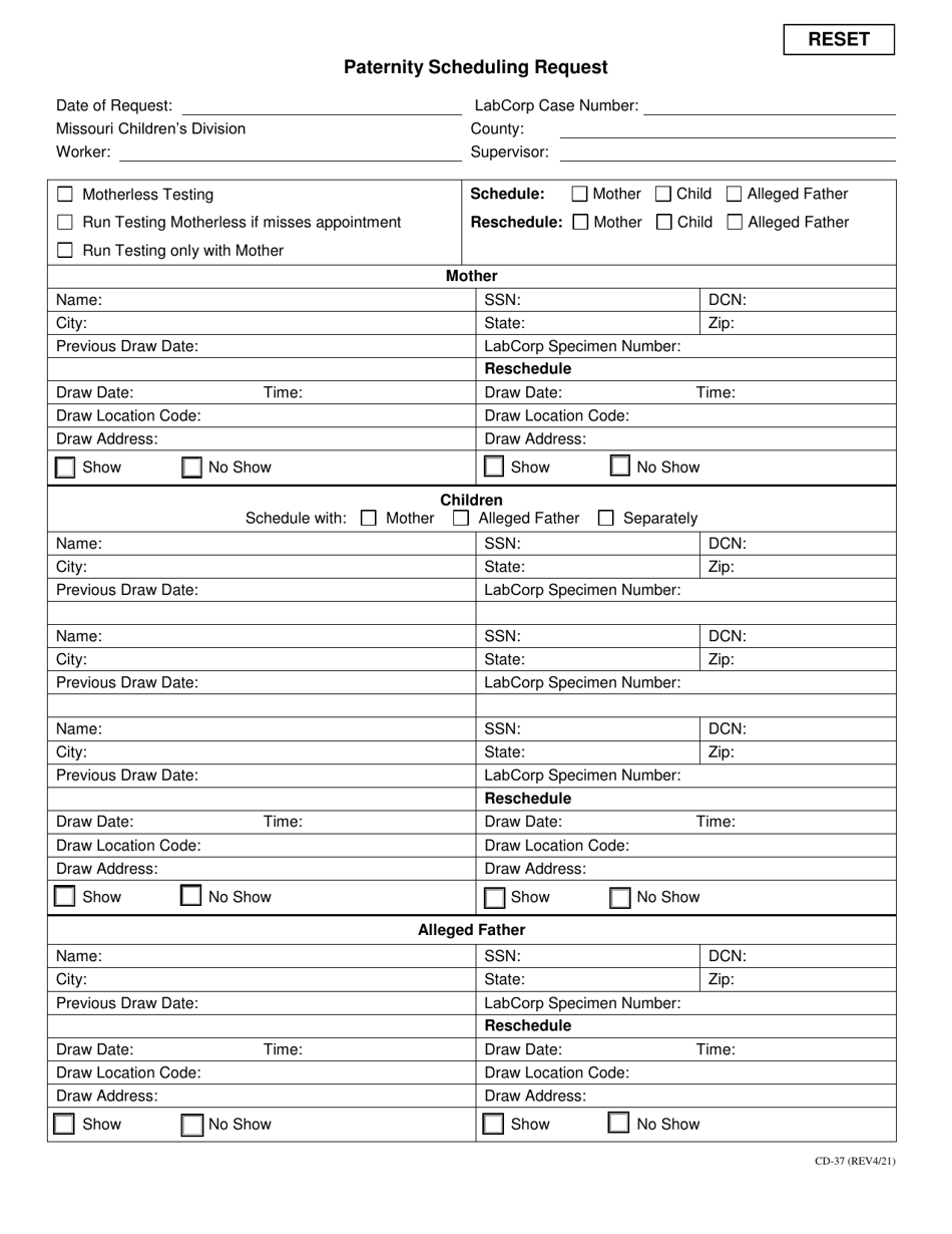 Form CD-37 Paternity Scheduling Request - Missouri, Page 1
