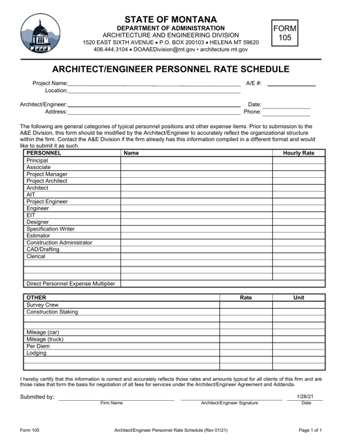Form 105 Architect/Engineer Personnel Rate Schedule - Montana