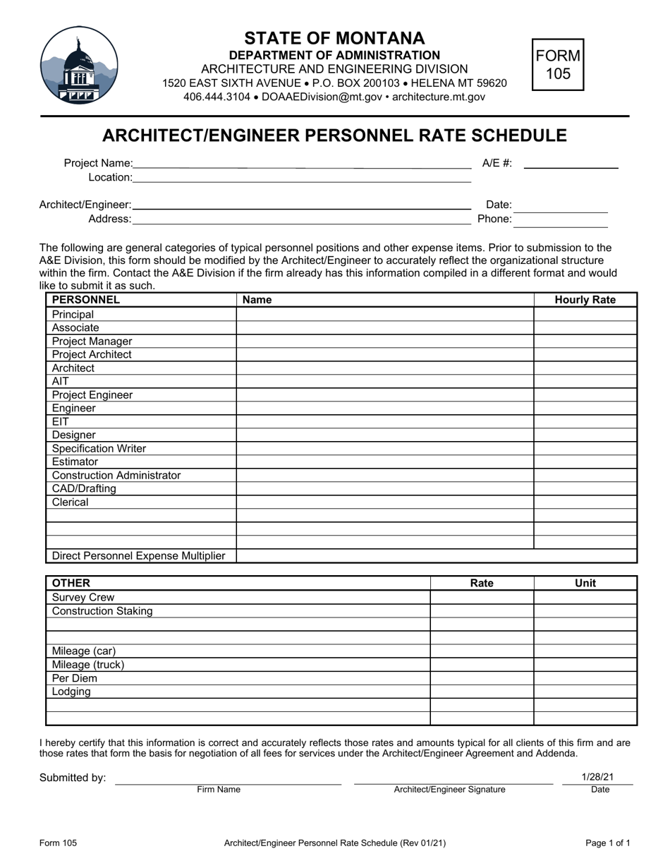 Form 105 Architect / Engineer Personnel Rate Schedule - Montana, Page 1