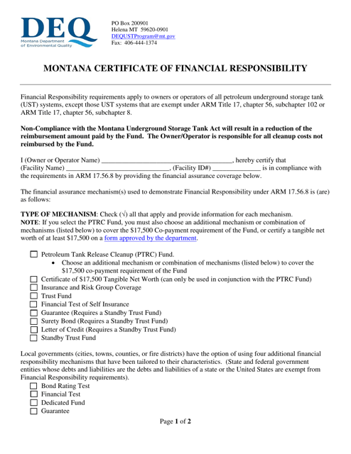 Montana Certificate of Financial Responsibility - Montana Download Pdf