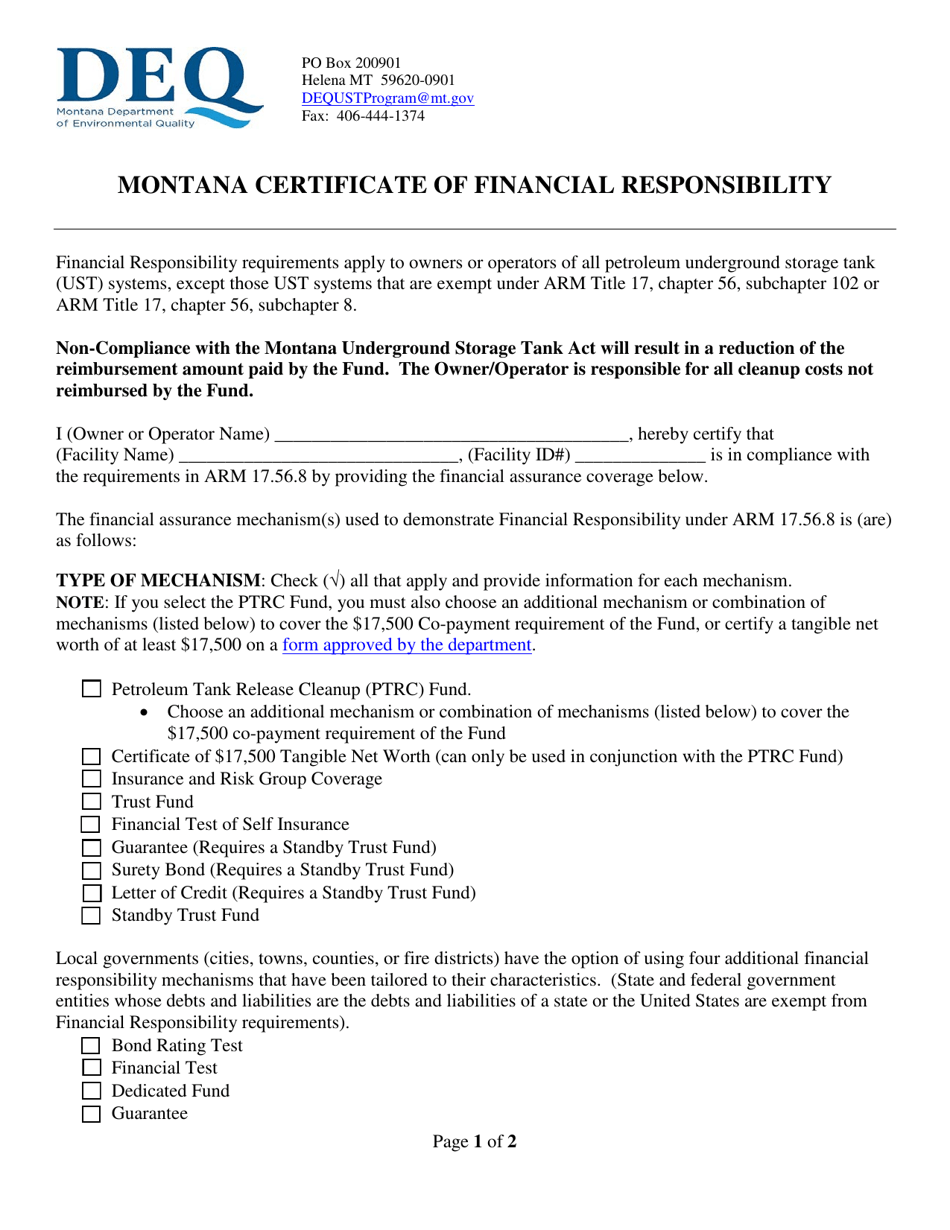 Montana Certificate of Financial Responsibility - Montana, Page 1