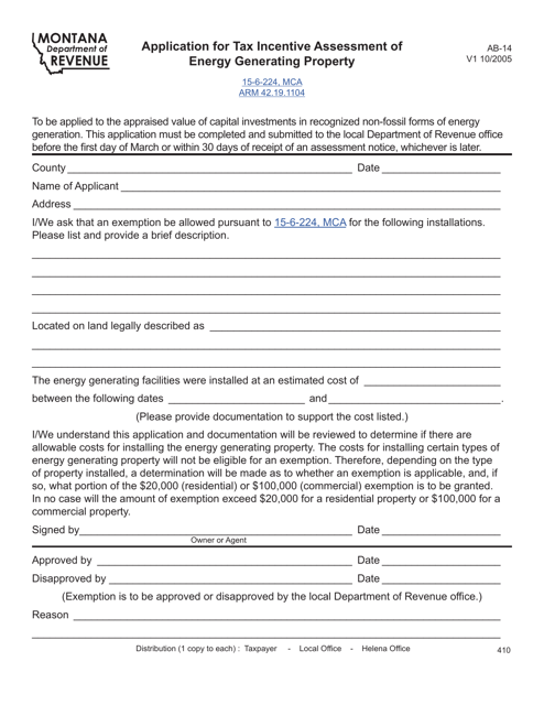 Form AB-14 Application for Tax Incentive Assessment of Energy Generating Property - Montana