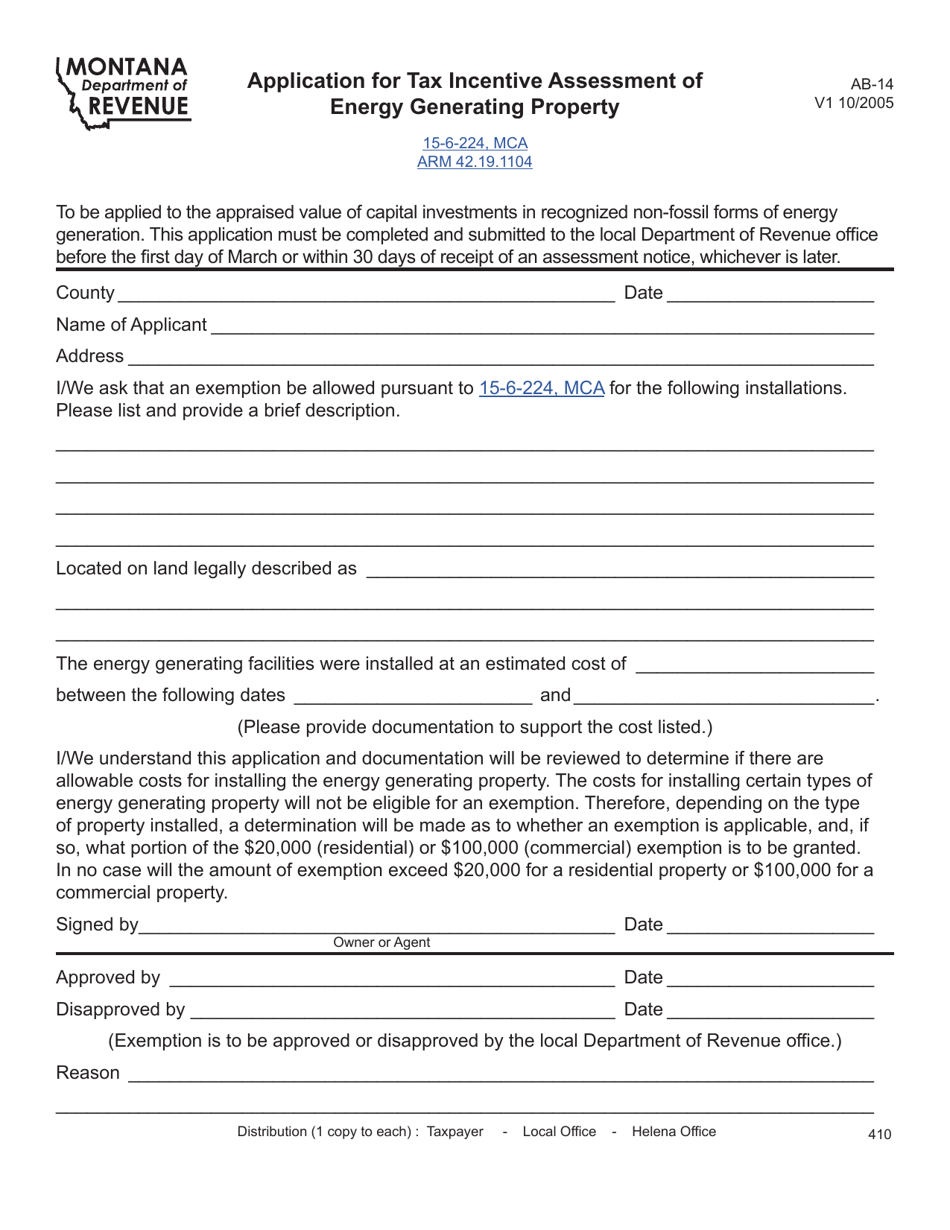 Form AB-14 Application for Tax Incentive Assessment of Energy Generating Property - Montana, Page 1