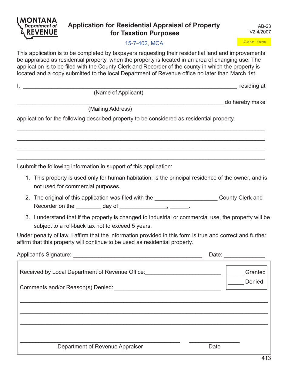 Form AB-23 Application for Residential Appraisal of Property for Taxation Purposes - Montana, Page 1