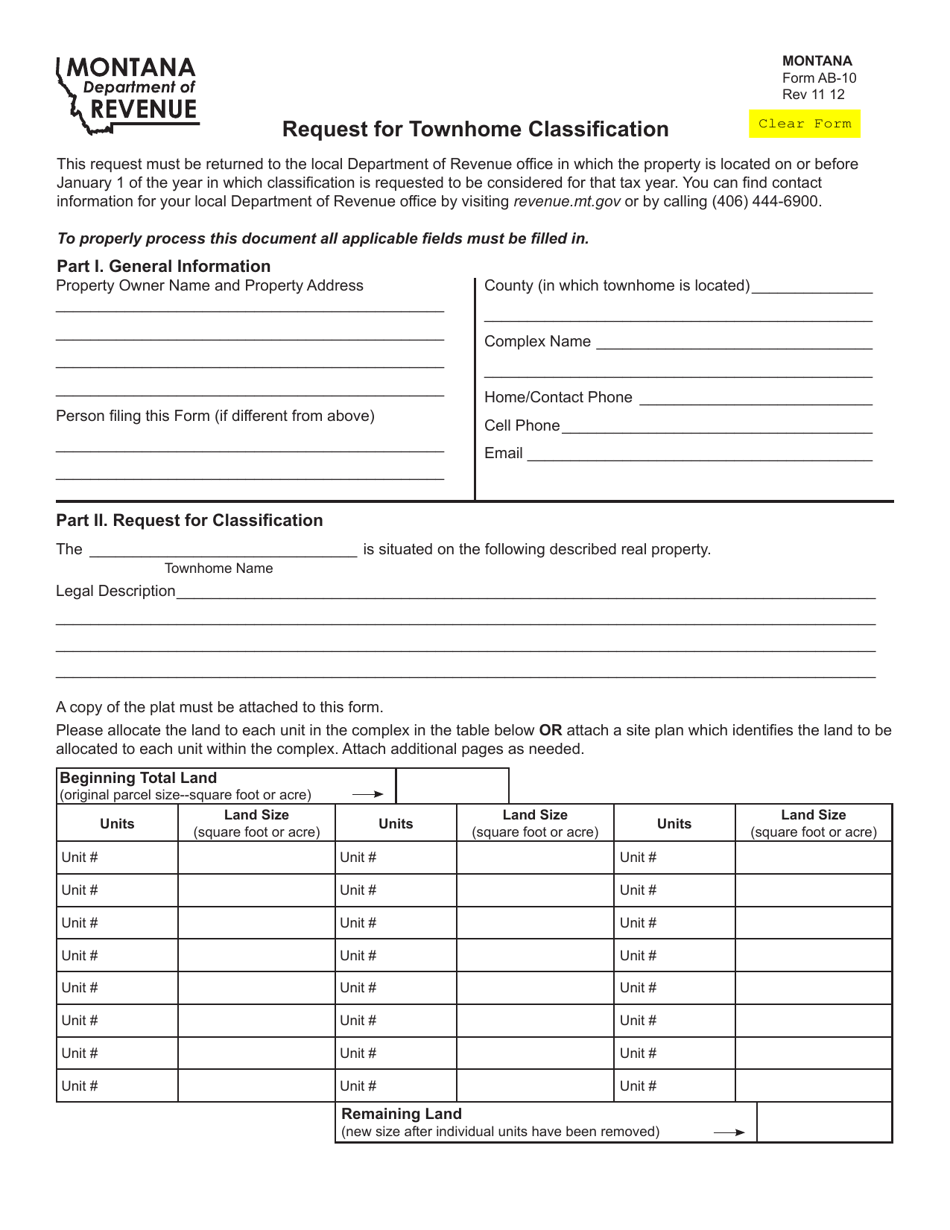 Form AB-10 Request for Townhome Classification - Montana, Page 1