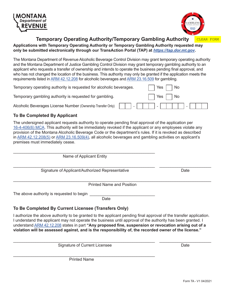 Form TA Temporary Operating Authority / Temporary Gambling Authority - Montana, Page 1