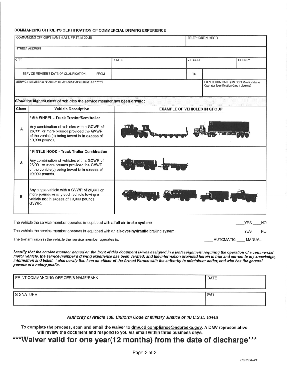 Application for Military Skills Test Waiver - Nebraska, Page 2