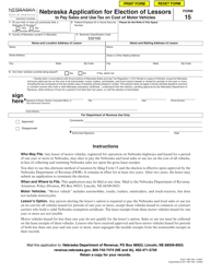 Form 15 Nebraska Application for Election of Lessors to Pay Sales and Use Tax on Cost of Motor Vehicles - Nebraska