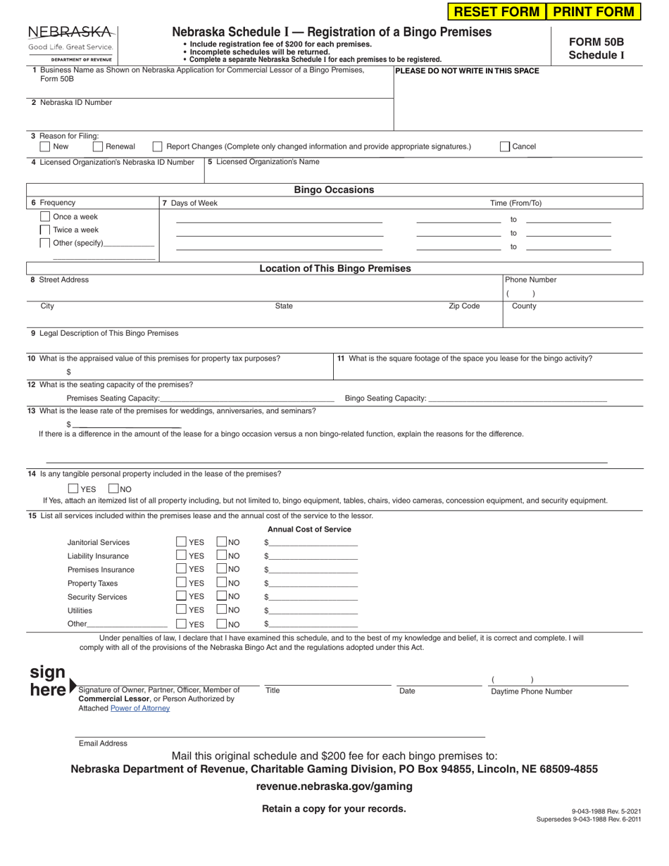 Form 50B Schedule I Registration of a Bingo Premises - Nebraska, Page 1
