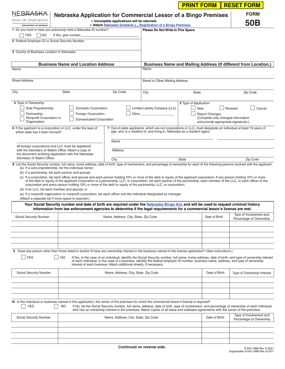 Form 50B Nebraska Application for Commercial Lessor of a Bingo Premises - Nebraska, Page 1
