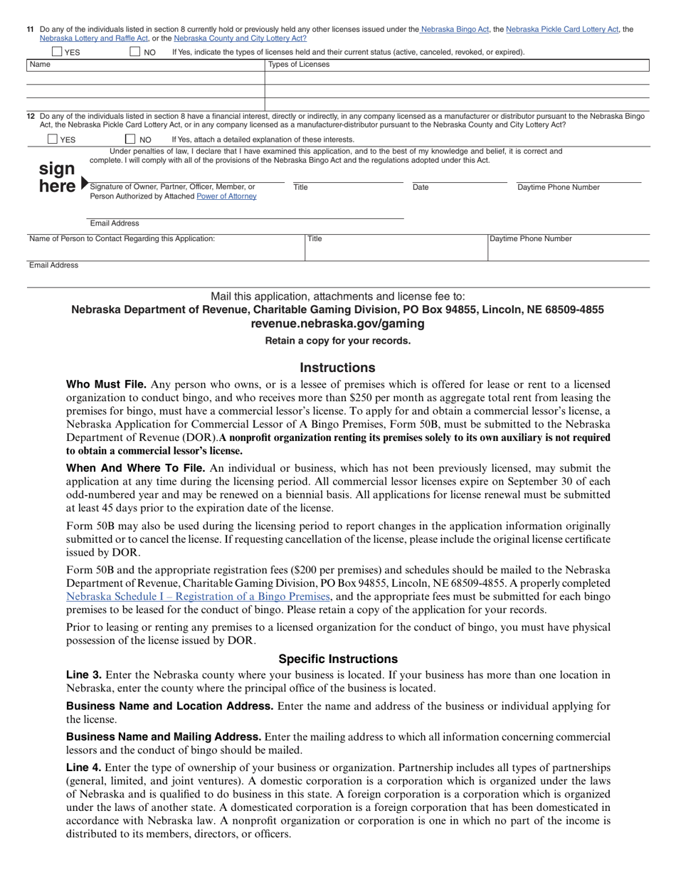 Form 50B Nebraska Application for Commercial Lessor of a Bingo Premises - Nebraska, Page 2