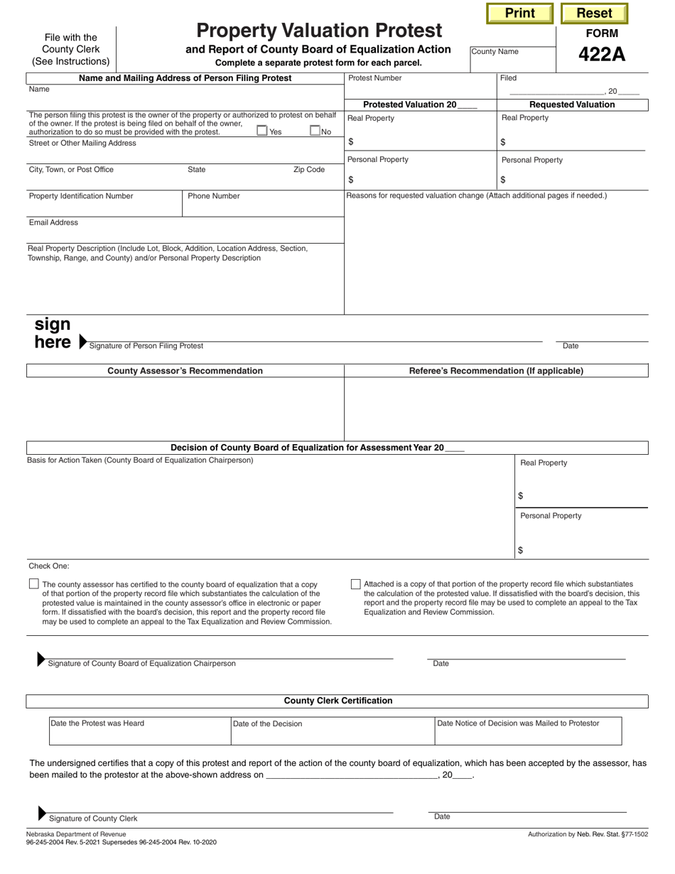 Form 422A Property Valuation Protest and Report of County Board of Equalization Action - Nebraska, Page 1
