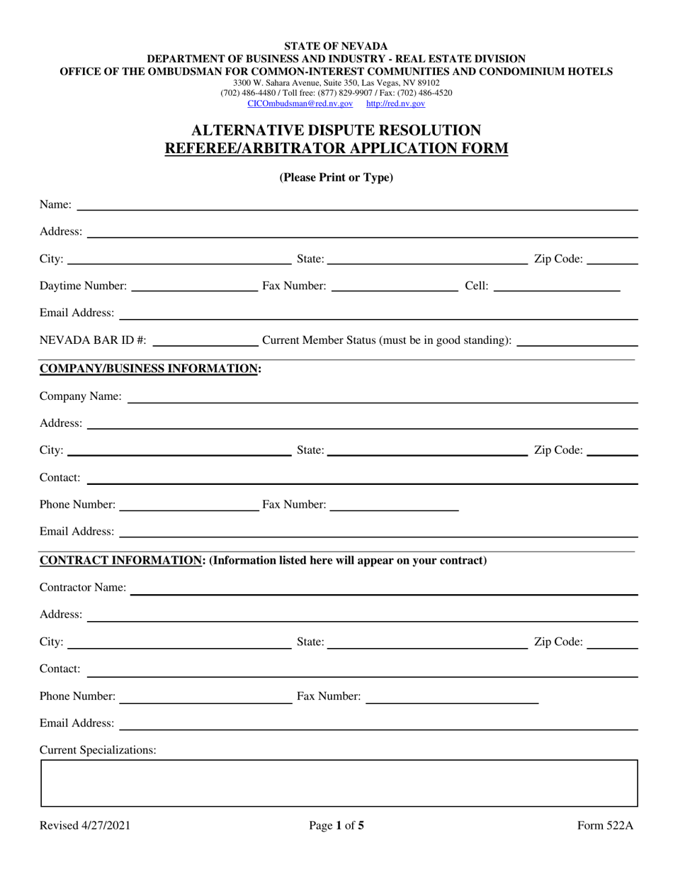 Form 522A Alternative Dispute Resolution Referee / Arbitrator Application Form - Nevada, Page 1