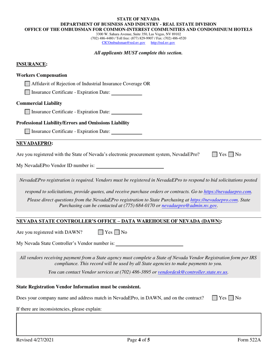 Form 522A Alternative Dispute Resolution Referee / Arbitrator Application Form - Nevada, Page 4