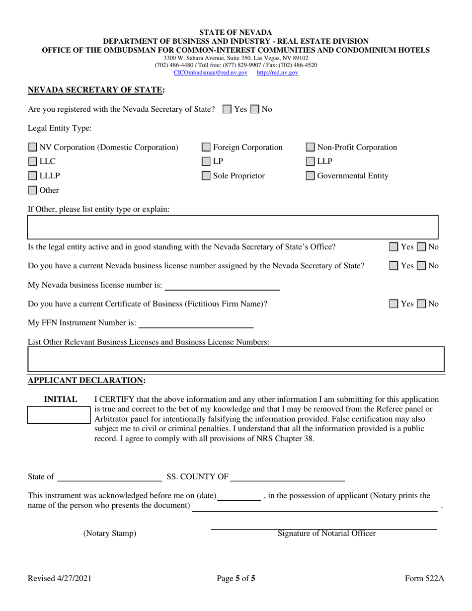 Form 522A Alternative Dispute Resolution Referee / Arbitrator Application Form - Nevada, Page 5