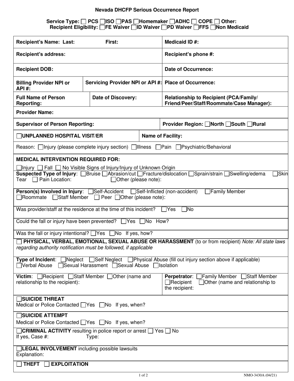Form NMO-3430A Nevada Dhcfp Serious Occurrence Report - Nevada, Page 1