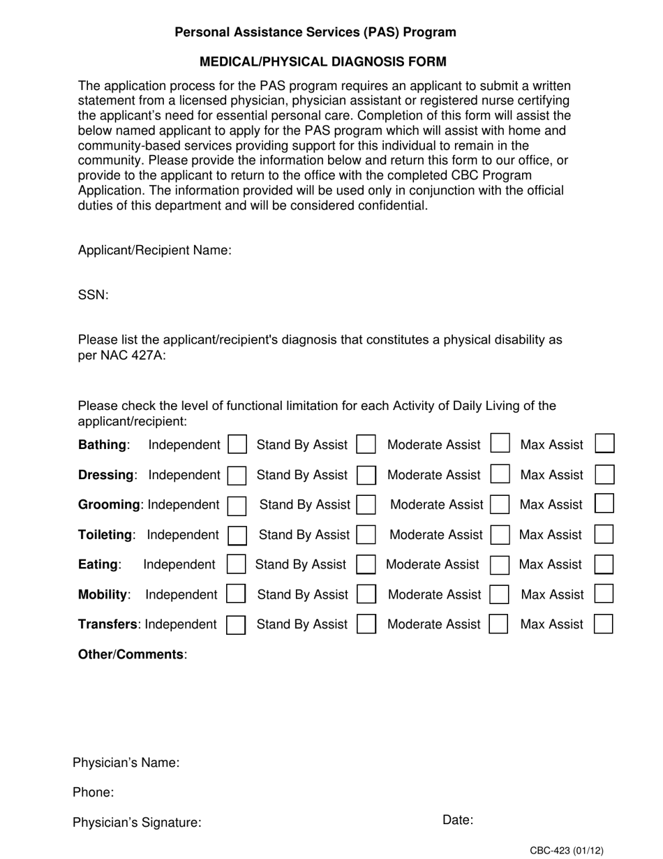 Form CBC-423 Medical / Physical Diagnosis Form - Personal Assistance Services (Pas) Program - Nevada, Page 1