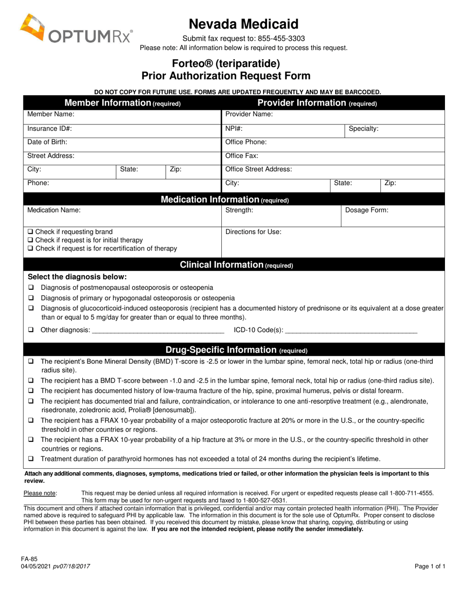 Form FA-85 Forteo (Teriparatide) Prior Authorization Request Form - Nevada, Page 1