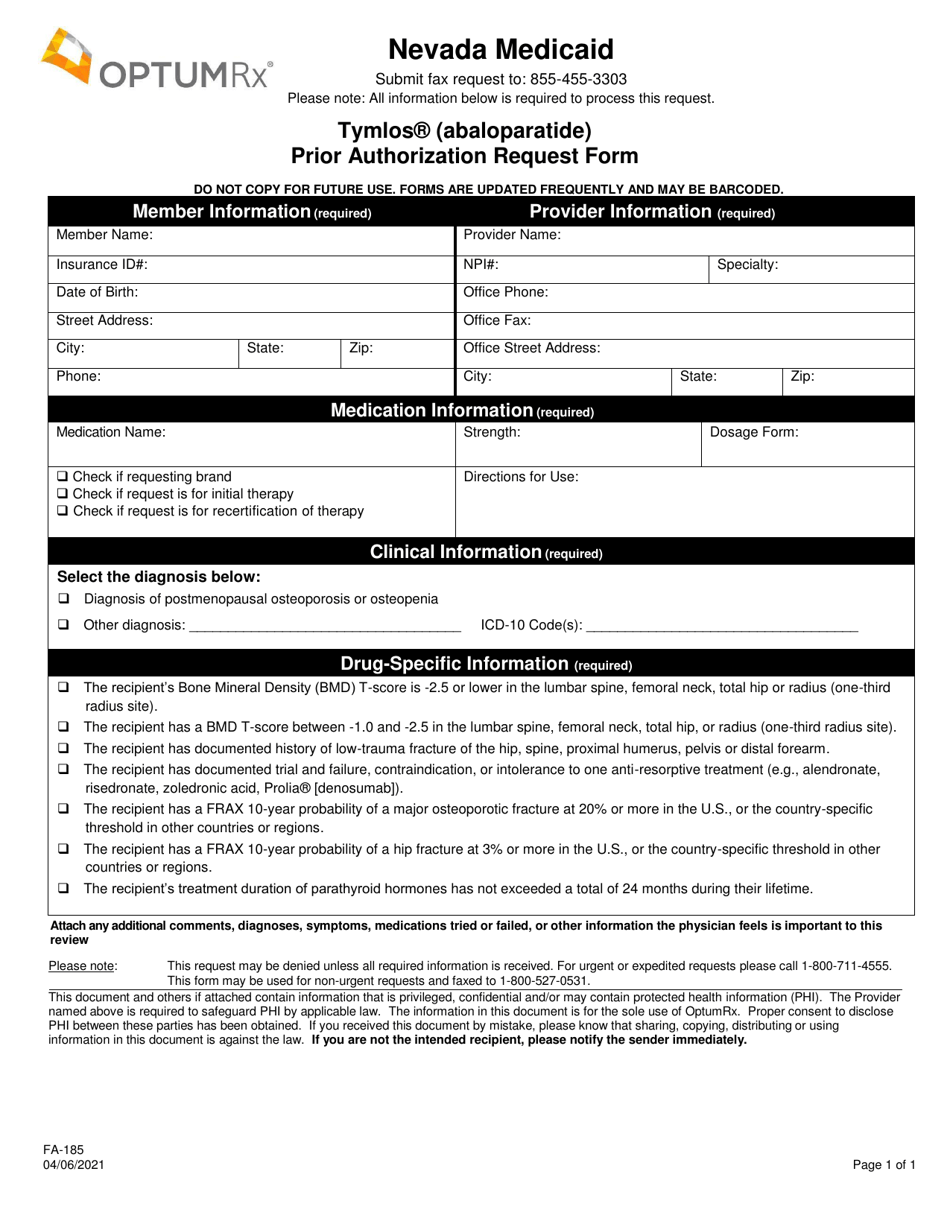Form FA-185 Tymlos (Abaloparatide) Prior Authorization Request Form - Nevada, Page 1