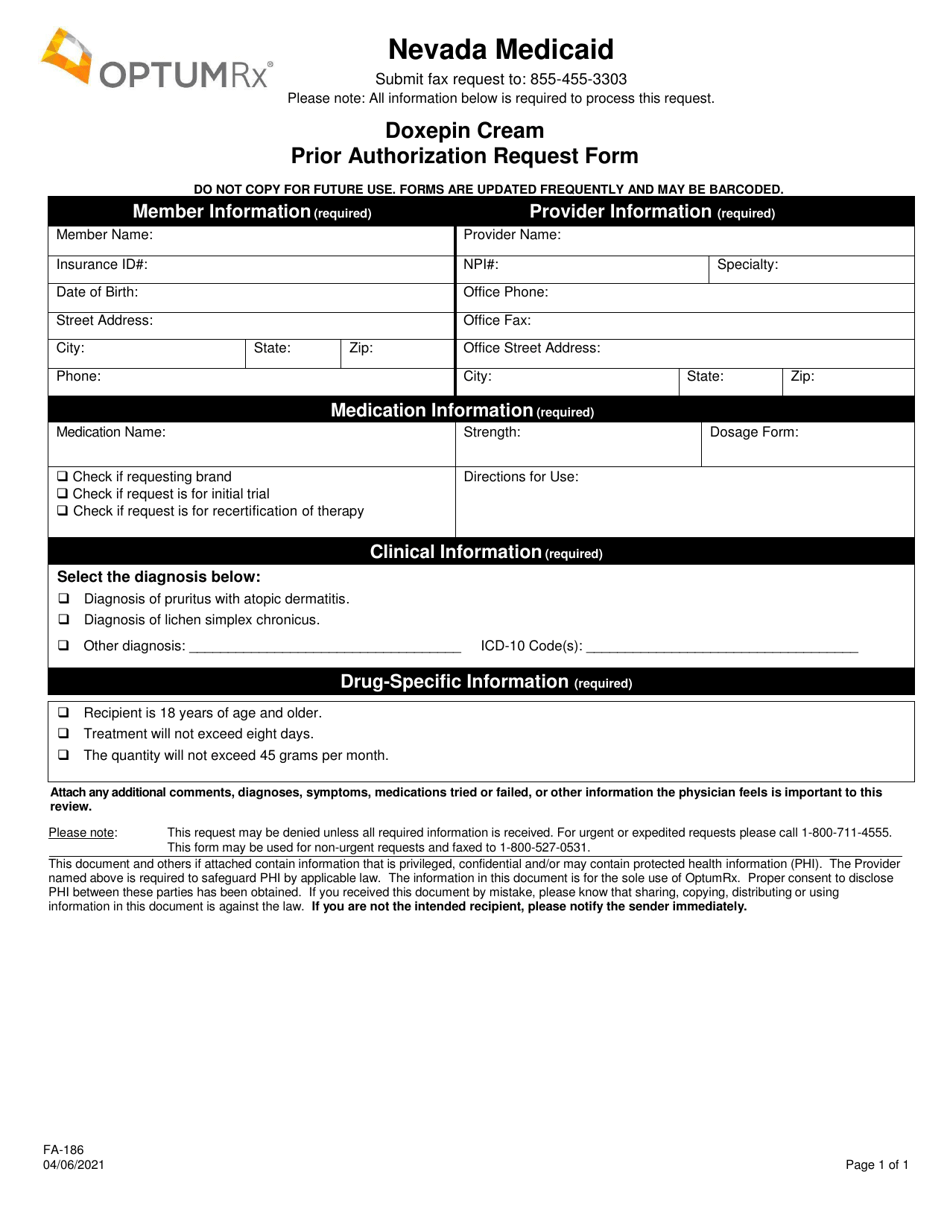 Form FA-186 Doxepin Cream Prior Authorization Request Form - Nevada, Page 1