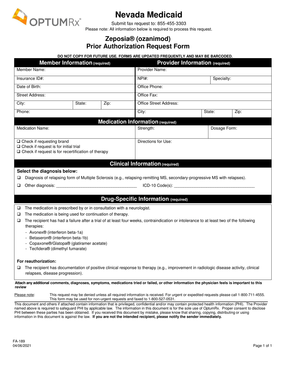 Form FA-189 Zeposia (Ozanimod) Prior Authorization Request Form - Nevada, Page 1