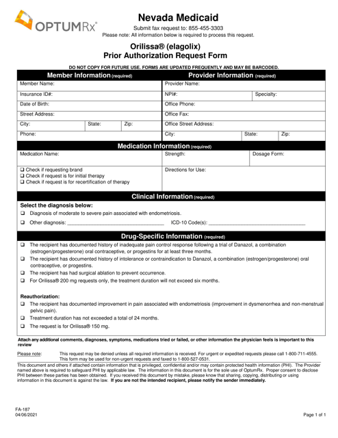 Form FA-187 Orilissa (Elagolix) Prior Authorization Request Form - Nevada