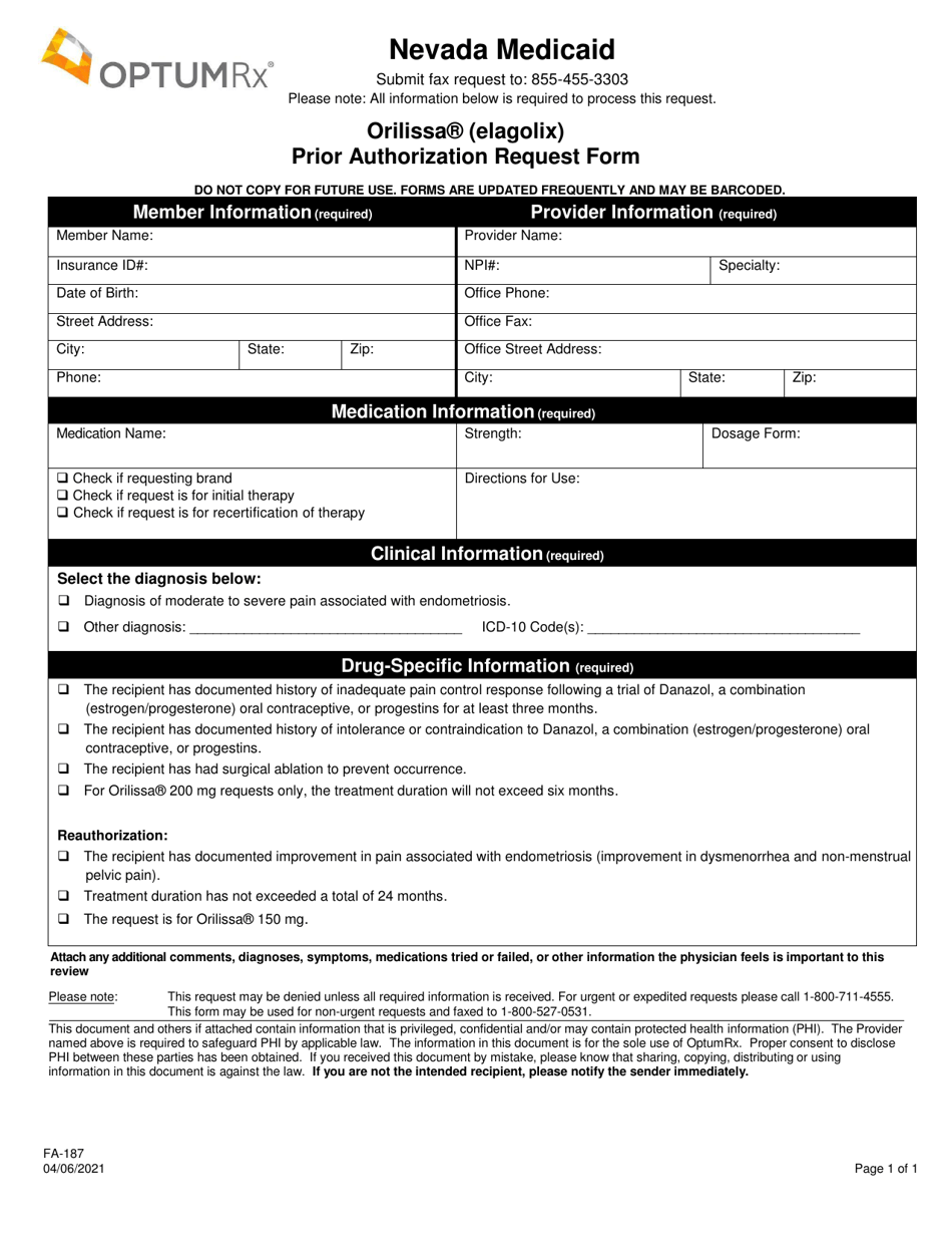 Form FA-187 Orilissa (Elagolix) Prior Authorization Request Form - Nevada, Page 1