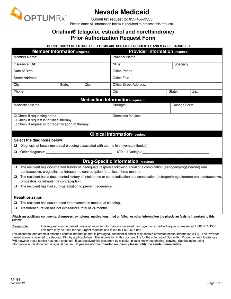 Form FA-188 Oriahnn (Elagolix, Estradiol and Norethindrone) Prior Authorization Request Form - Nevada, Page 1