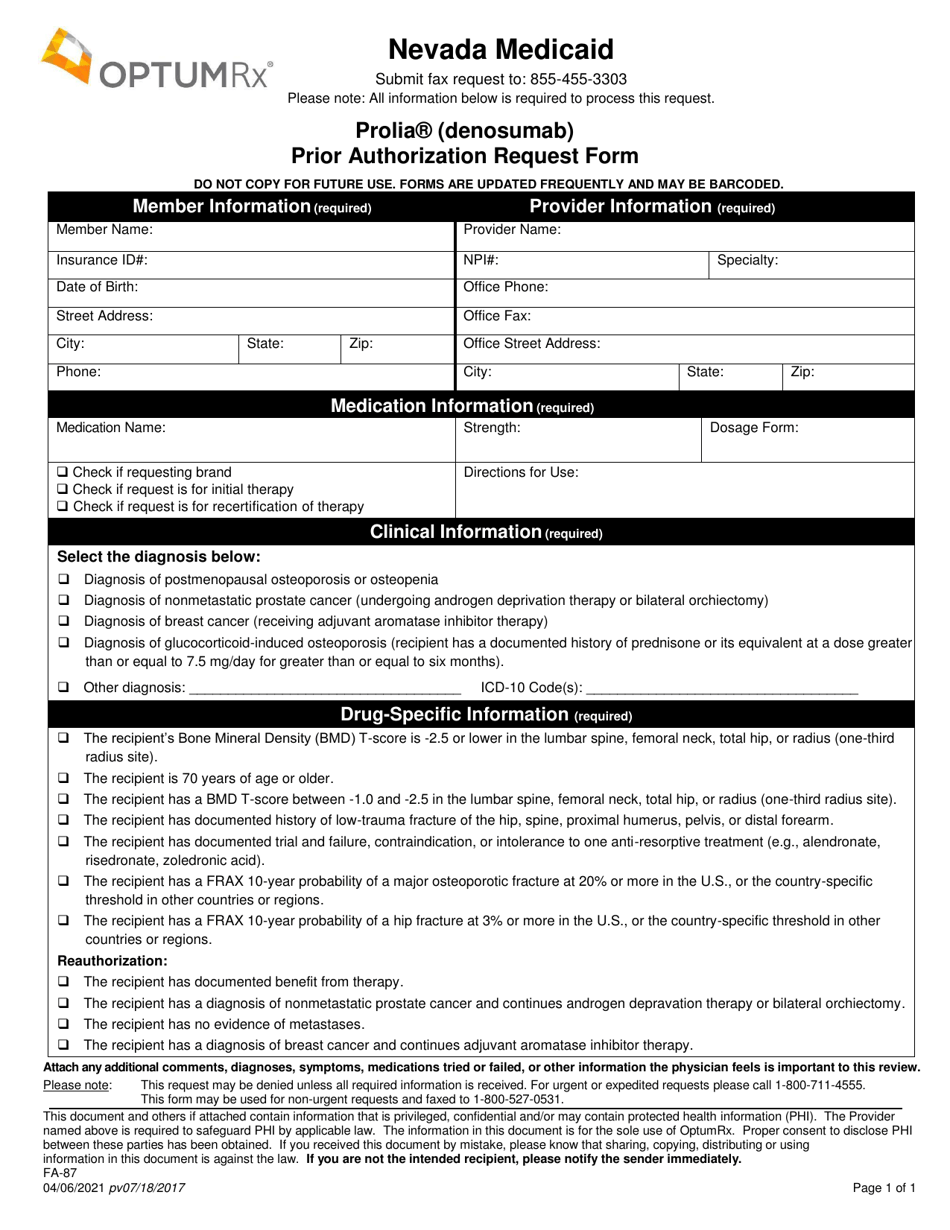 Form FA-87 Prolia (Denosumab) Prior Authorization Request Form - Nevada, Page 1