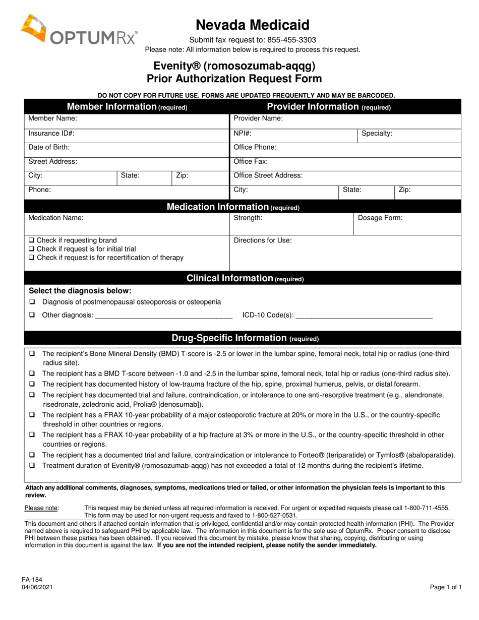 Form FA-184 Evenity (Romosozumab-Aqqg) Prior Authorization Request Form - Nevada, Page 1