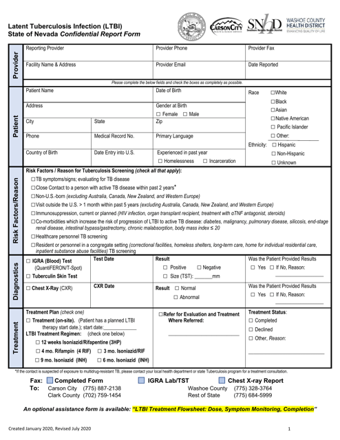 Latent Tuberculosis Infection (Ltbi) Confidential Report Form - Nevada Download Pdf